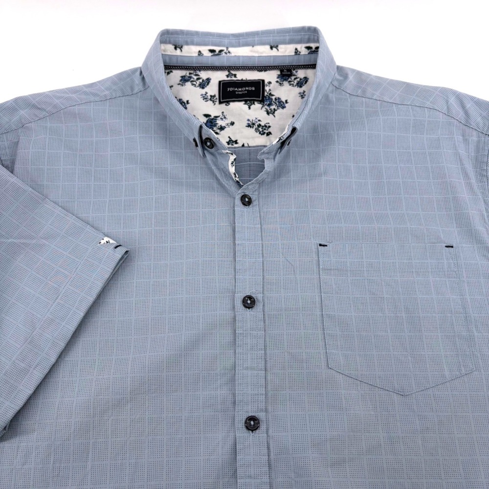 7Diamonds Stretch Mens XL Short Sleeve Button Down Shirt Light Blue Micro Grid